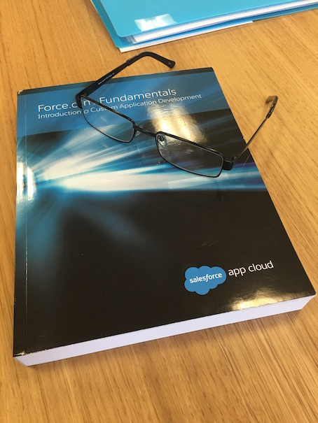 My Salesforce dev book and glasses